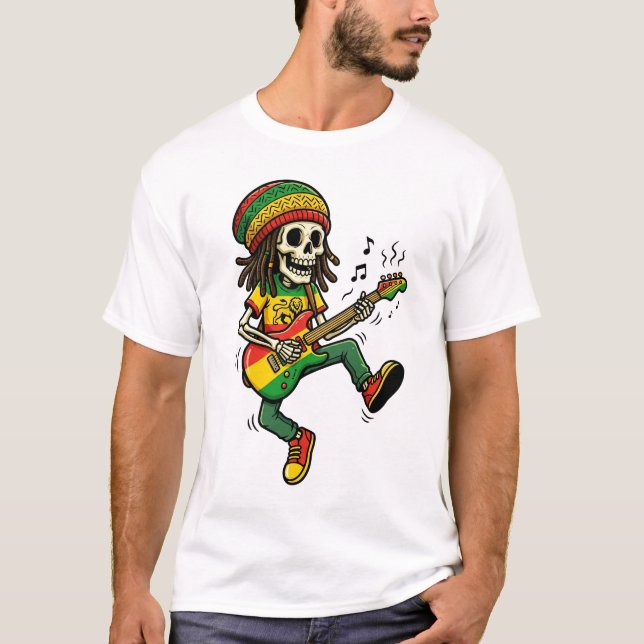Reggae Rasta Skelett som spelar gitarr Musiker T Shirt (Framsida)