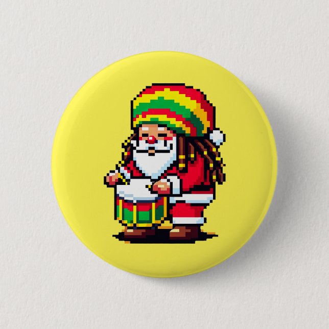 Reggae Santa Drummer Roligt Pixel Art julmusik Knapp (Framsida)