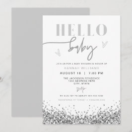 REGINA Hello Baby Silver Glitter Baby Shower Inbjudningar