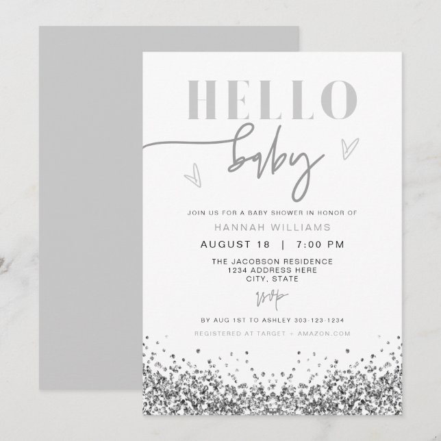 REGINA Hello Baby Silver Glitter Baby Shower Inbjudningar (Fram/baksida)