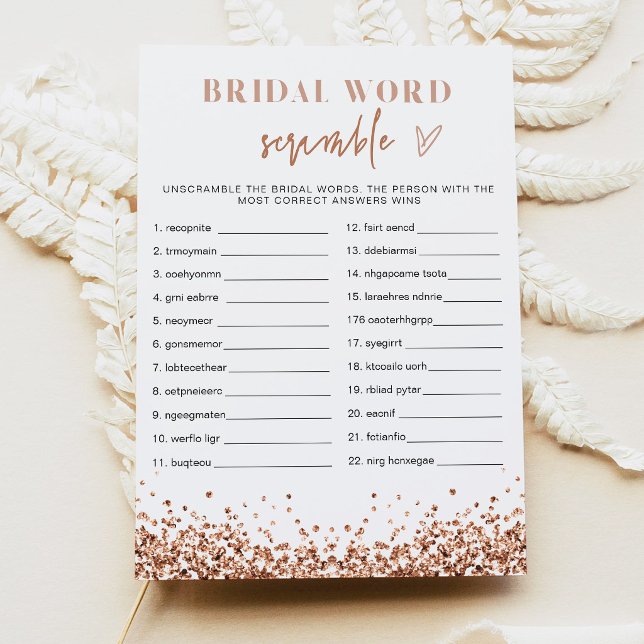 REGINA Rose Gold Bröllopsfest Lek med Bokstäver  Inbjudningar (Faux Rose Gold Sequins Word Scramble Bridal Shower Game Cards)