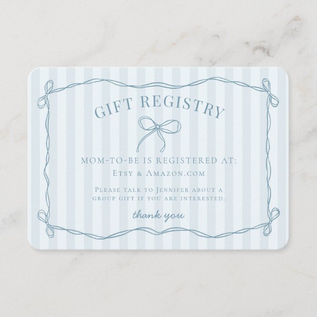 Register för Blue Coquette Bow Pastel Baby Shower Tilläggskort (Framsida)