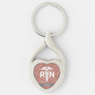 Registrerad Nurse RN Caduceus Ro Guld Glitter Twisted Heart Silverfärgad Nyckelring