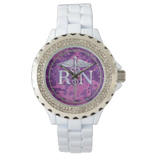 Registrerad Nurse RN Silver Caduceus Fuchsia Camo Armbandsur