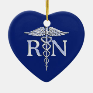 Registrerad Nurse RN Silver Caduceus Navy Blue dec Julgransprydnad Keramik