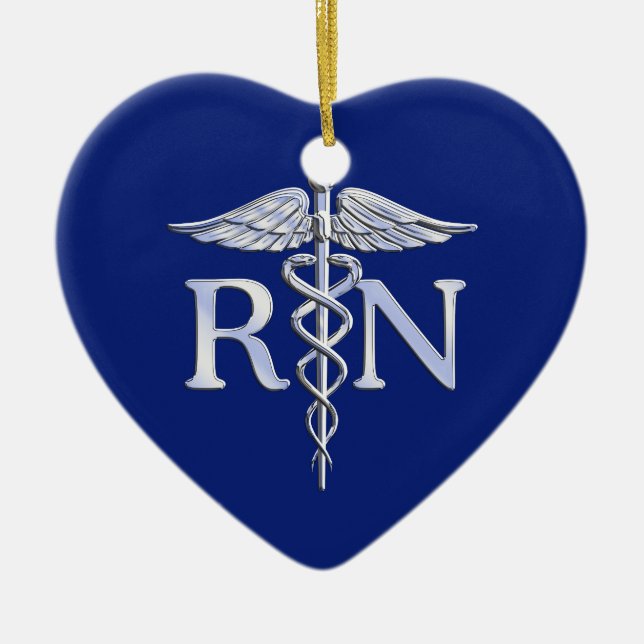 Registrerad Nurse RN Silver Caduceus Navy Blue dec Julgransprydnad Keramik (Framsidan)