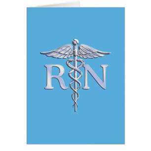 Registrerad Nurse RN Silver Caduceus på Baby blue Hälsningskort