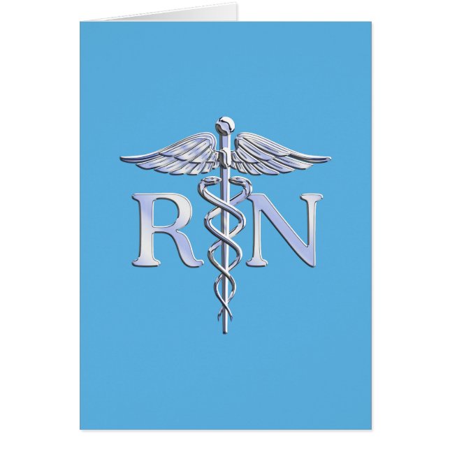 Registrerad Nurse RN Silver Caduceus på Baby blue Hälsningskort (Framsidan)