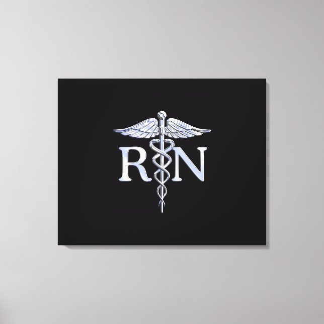 Registrerad Nurse RN Silver Caduceus på Black Canvastryck (Framsida)