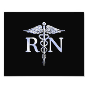 Registrerad Nurse RN Silver Caduceus på Black Fototryck