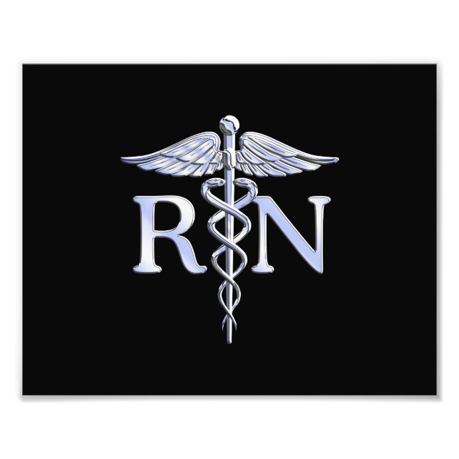 Registrerad Nurse RN Silver Caduceus på Black Fototryck (Framsidan)