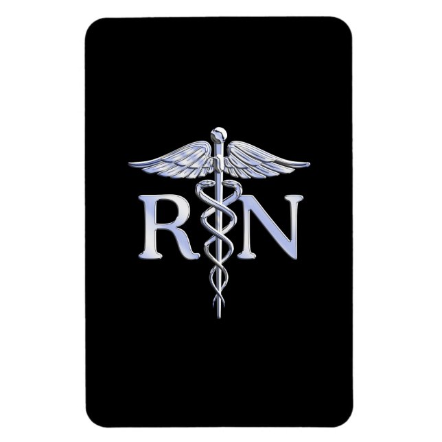 Registrerad Nurse RN Silver Caduceus på Black Magnet (Vertikal)