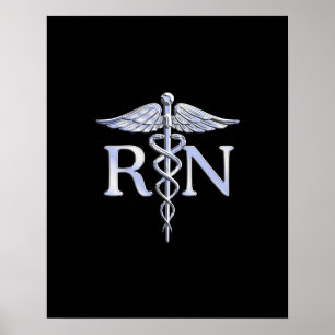 Registrerad Nurse RN Silver Caduceus på Black Poster