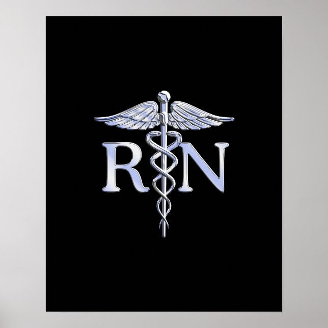 Registrerad Nurse RN Silver Caduceus på Black Poster (Framsidan)