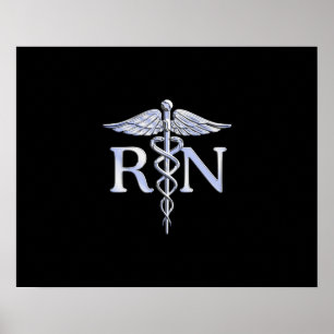Registrerad Nurse RN Silver Caduceus på Black Poster
