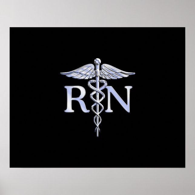 Registrerad Nurse RN Silver Caduceus på Black Poster (Framsidan)
