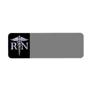 Registrerad Nurse RN Silver Caduceus på Black Returadress Etikett