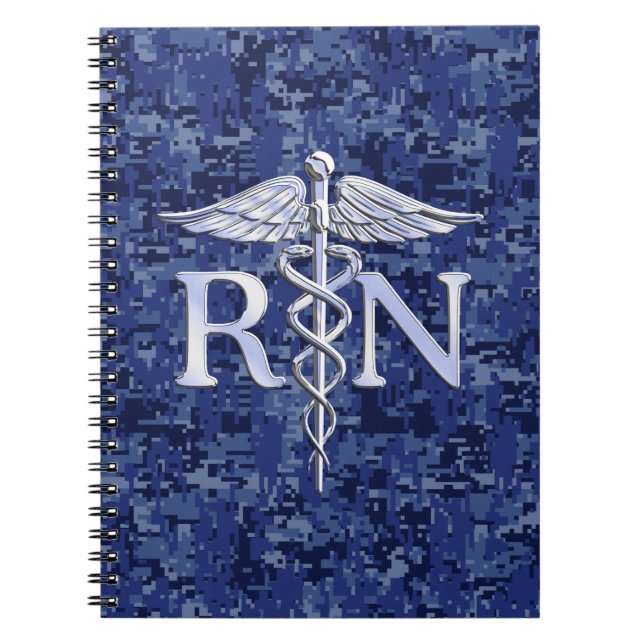 Registrerad Nurse RN Silver Caduceus på marinkamun Anteckningsbok Med Spiral (Framsidan)