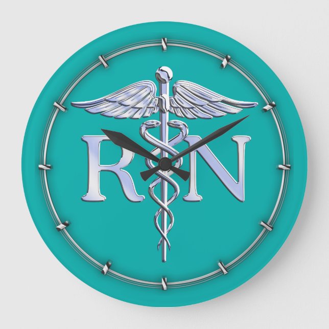Registrerad Nurse RN Silver Caduceus på turkos Stor Klocka (Framsida)