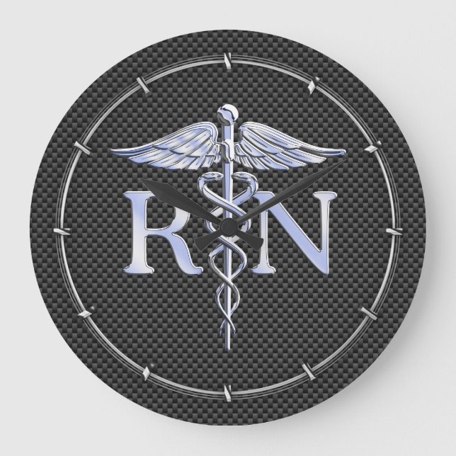 Registrerad Nurse RN Silver Caduceus Snakes Stor Klocka (Framsida)