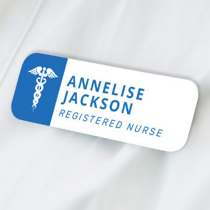 Registrerad sjuksköterska kaduceuslogotyp blå namn namnbricka