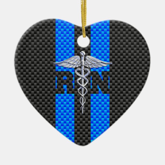 Registrerat Nurse RN Caduceus Carbon Fiber Stil Julgransprydnad Keramik (Framsidan)