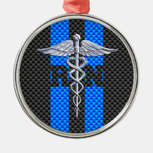 Registrerat Nurse RN Caduceus Carbon Fiber Stil Julgransprydnad Metall
