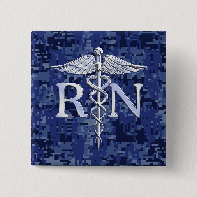 Registrerat Nurse RN Caduceus på Blue Camo Knapp (Framsida)