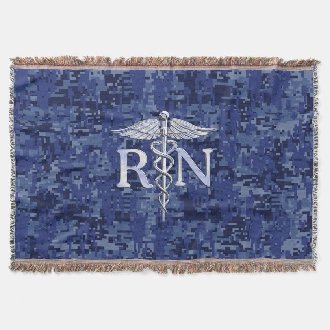 Registrerat Nurse RN Caduceus på marinblå Camo Filt (Framsidan)