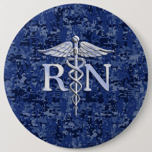Registrerat Nurse RN Caduceus på marinblå Camo Knapp