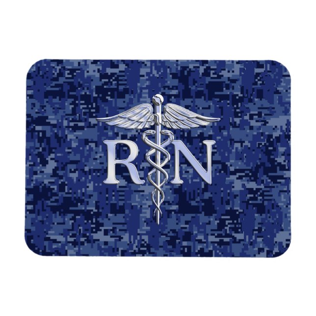 Registrerat Nurse RN Caduceus på marinblå Camo Magnet (Horisontell)
