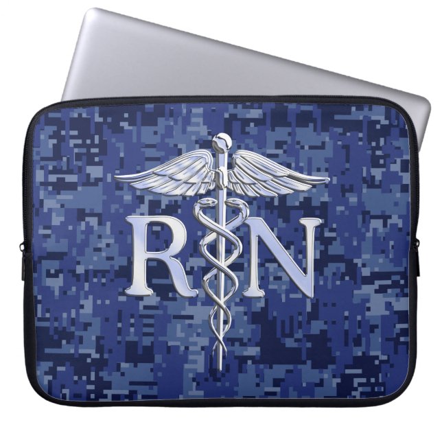 Registrerat Nurse RN Silber Caduceus Navy Blue Cam Laptop Fodral (Framsidan)