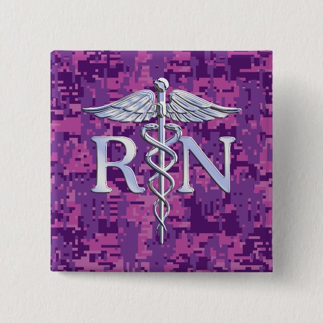 Registrerat Nurse RN Silver Caduceus Fuchsia Camo Knapp (Framsida)