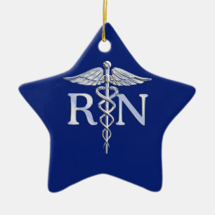 Registrerat Nurse RN Silver Caduceus Navy Blue dec Julgransprydnad Keramik