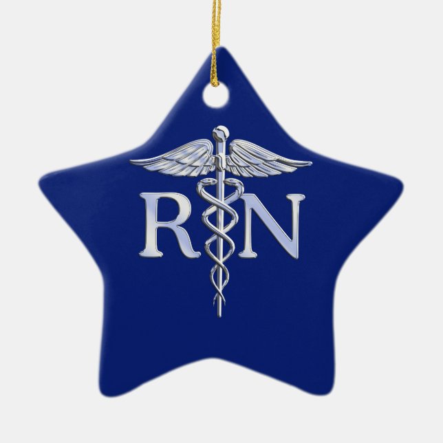 Registrerat Nurse RN Silver Caduceus Navy Blue dec Julgransprydnad Keramik (Framsidan)