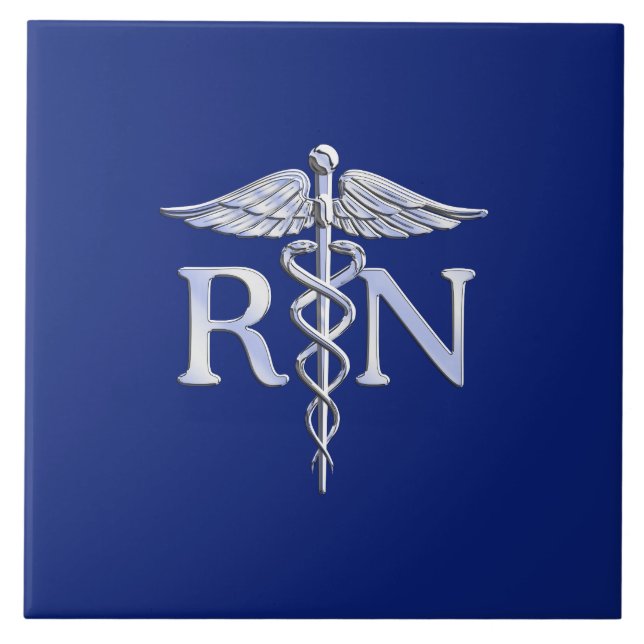Registrerat Nurse RN Silver Caduceus Navy Blue dec Kakelplatta (Framsidan)