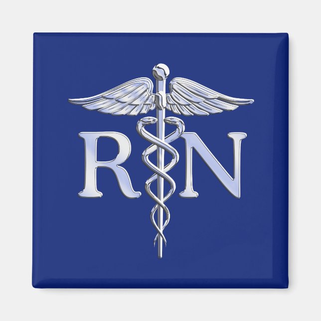 Registrerat Nurse RN Silver Caduceus Navy Blue dec Magnet (Framsidan)