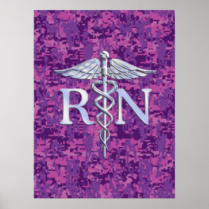 Registrerat Nurse RN Silver Caduceus på Rosa Camo Poster