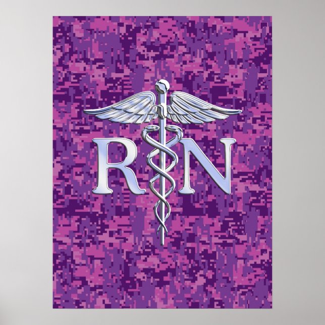 Registrerat Nurse RN Silver Caduceus på Rosa Camo Poster (Framsidan)