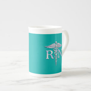 Registrerat Nurse RN Silver Caduceus på turkos Benporslin Mugg