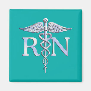 Registrerat Nurse RN Silver Caduceus på turkos Magnet