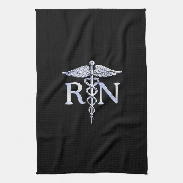 Registrerat Nurse RN Silver Caduceus Snakes Black Kökshandduk (Vertikal)