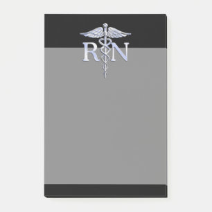 Registrerat Nurse RN Silver Caduceus Snakes Black Post-it Block