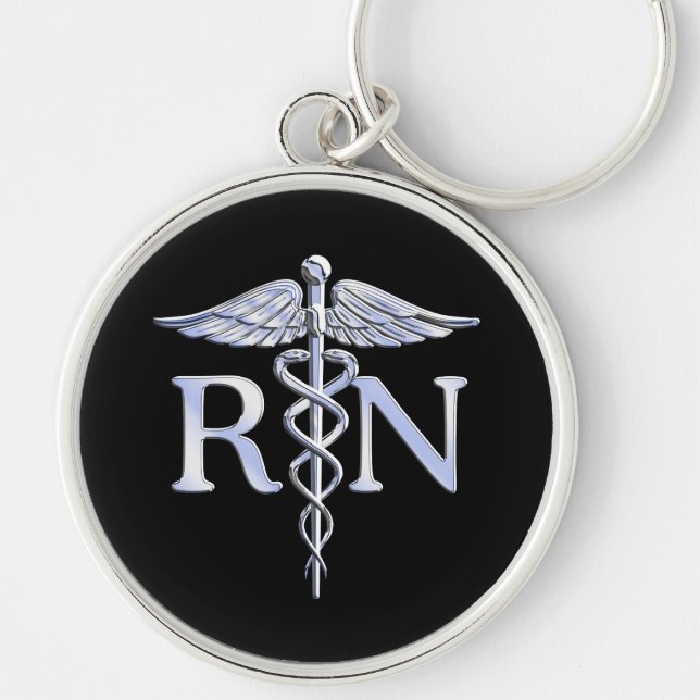 Registrerat Nurse RN Silver Caduceus Snakes Black Rund Silverfärgad Nyckelring (Framsidan)