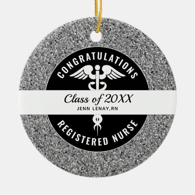 Registrerat Nurse Student Silver Glitter Monogram Julgransprydnad Keramik (Framsidan)