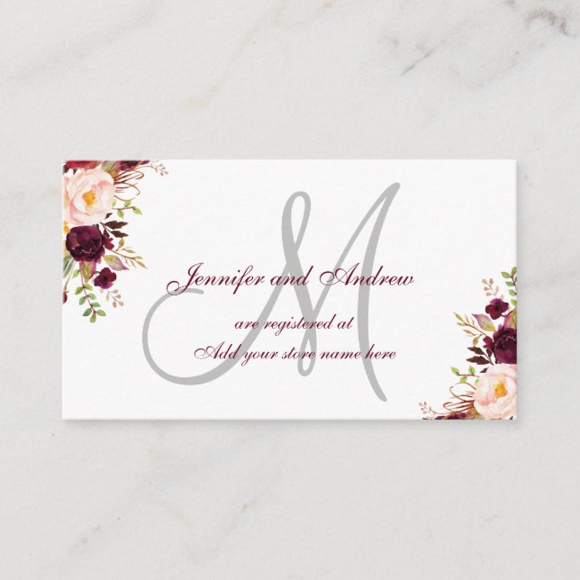 Registrering av Burgundy Blommigt Grått Monogram B Tilläggskort (Framsida)