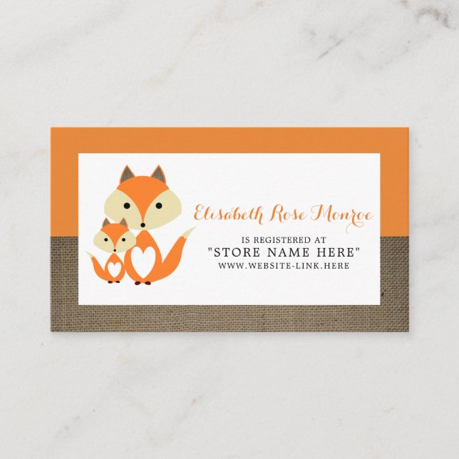 Registrering av orange Fox Burlap Baby Shower Gift Tilläggskort (Framsida)