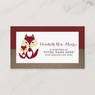 Registrering av Red Fox Burlap Baby Shower Gift-re Tilläggskort