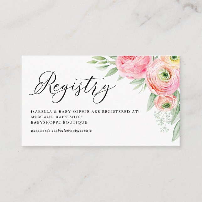 Registrering av Watercolor Rosa Ranunculus Baby Sh Tilläggskort (Framsida)