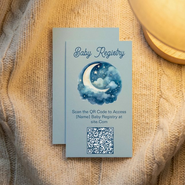 Registreringsenheten för QR-koden för babydusch i  Tilläggskort (Blue moon and stars baby shower QR Code Registry Enclosure Card.)